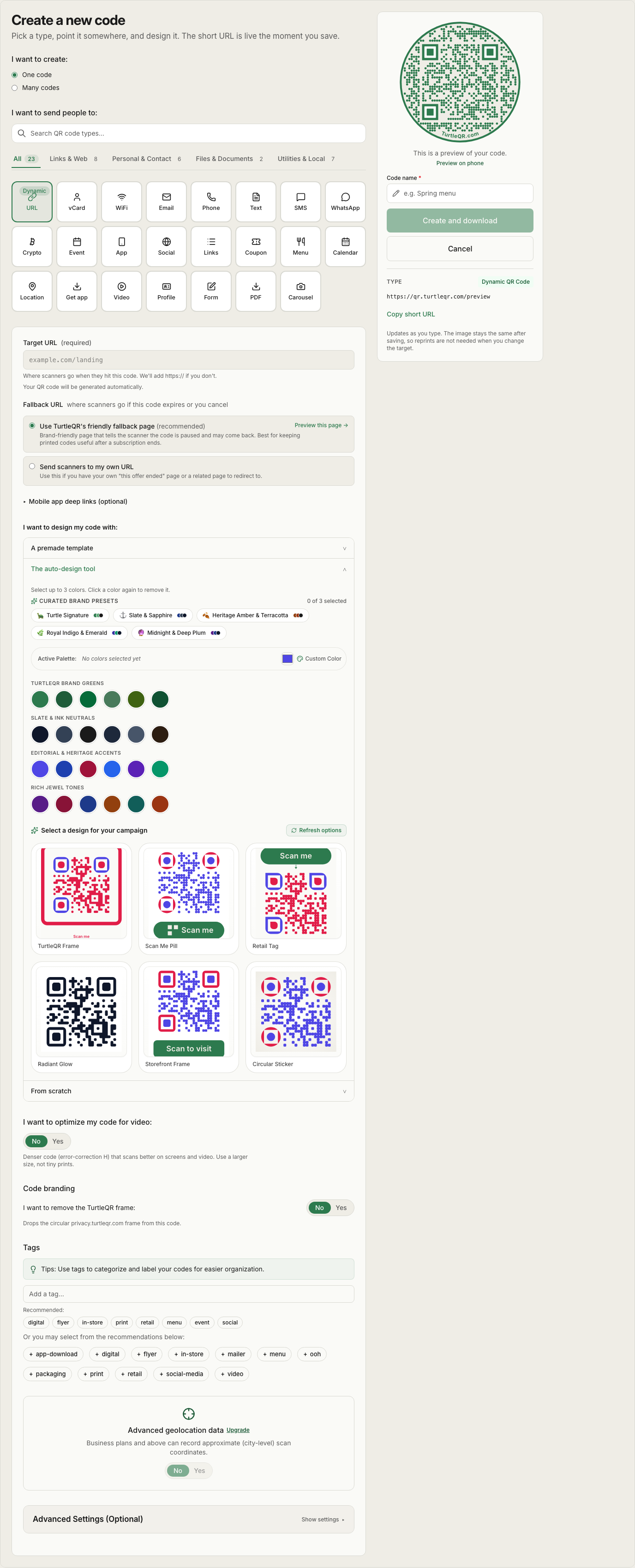 TurtleQR code creation interface showing destination URL fields and custom slug inputs